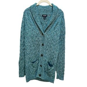 Lands’ End Drifter Teal Marled Cable Knit Shawl Collar Cardigan Sweater Cotton